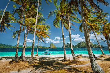 Exploring Palawan most famous touristic spots. Palm trees and lonely island hopping tour boat on...