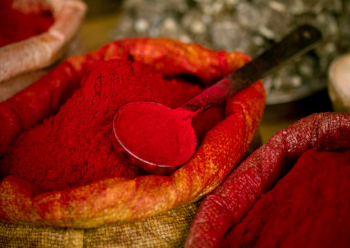 Red Spice Powder In A Bag At Madurai Market, India