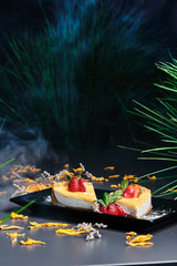 Delicious Cheesecake, decorated with strawberries on a square black plate in a dark smoky background. Beautiful greens on the background. Close up. Space