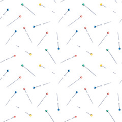 Sewing tools seamless pattern - pins. Sewing kit, equipment for sewing. Watercolor painting on paper.  Seamless background with sewing tools for wrapping paper, fabric, textile.