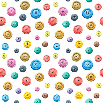 Sewing tools seamless pattern - buttons. Sewing kit, equipment for sewing. Watercolor painting on paper.  Seamless background with sewing tools for wrapping paper, fabric, textile.