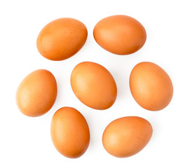 Chicken eggs on a white background. The form of the top.