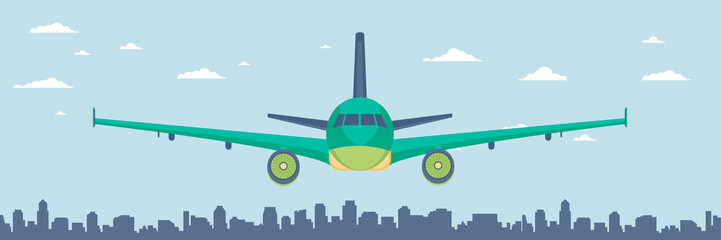 Airplane flying over city skyscrapers. Plane in the sky city scape skyline background banner. Travel with us concept. Flat vector Illustration