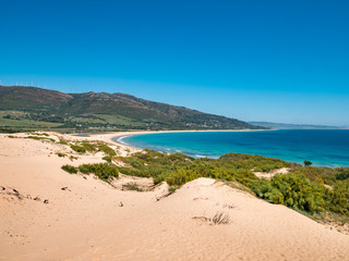 Panorama of the big dune of Valdevaqueros in Tarifa and Punta Paloma and Valdevaqueros beaches. Impressive nature landscape of the coast of Cadiz in Andalusia, Spain