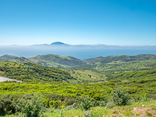 Aerial view of the Strait of Gibraltar and the Mediterranean sea. Atlas mountains of Africa in the background