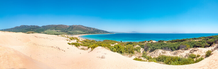Panorama of the big dune of Valdevaqueros in Tarifa and Punta Paloma and Valdevaqueros beaches....