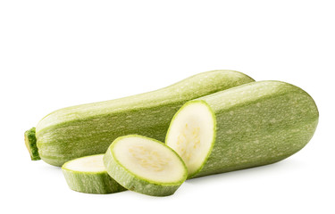 Zucchini and half with sliced slices close-up on a white. Isolated