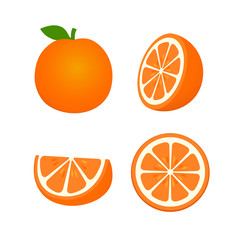 Collection of whole, cut half, slice, piece Tangerine with leaf, fruit pattern vector illustration sketch isolated on white background