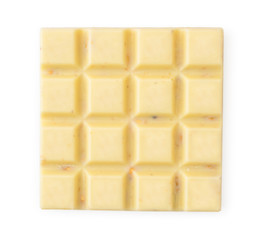 White chocolate bar with nuts on a white background. The form of top.