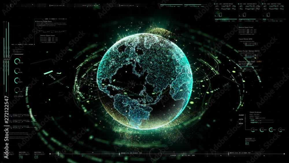 Leinwandbilder Futuristic motion graphic user interface head up display screen with Holographic Earth and digital data telemetry information display for digital background computer desktop display screen