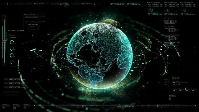 Futuristic motion graphic user interface head up display screen with Holographic Earth and digital data telemetry information display for digital background computer desktop display screen