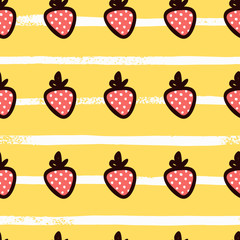 Strawberry strip Hand Draw Seamless Cute yellow Pattern. Summer Bright endless Background for baby fabric design, wrapping paper, Wallpaper, and other things.