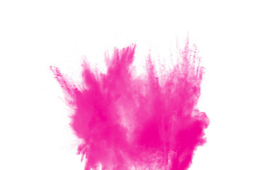 Fototapeta na wymiar Pink powder explosion on white background.Pink dust particles splash.