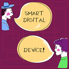 Text sign showing Smart Digital Device. Conceptual photo equipment that has a computer or microcontroller Hand Drawn Man and Wo analysis Talking photo with Blank Color Speech Bubble