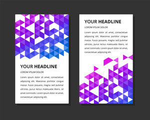 set of vertical white banner with triangle shapes pattern. Universal template for a web site with text, buttons and transparent elements, roll up, gradient purple and blue