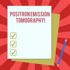 Word writing text Positron Emission Tomography. Business concept for Nuclear medicine functional imaging technique Stack of Blank Different Pastel Color Construction Bond Paper and Pencil