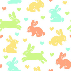 Easter seamless pattern design with colorful bunnies and love harts.