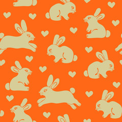 Simple seamless pattern with cute gray rabbits and love harts. Orange background