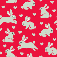 Seamless pattern with cute gray rabbits and love harts. Vector illustration. 