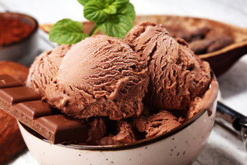 Chocolate coffee ice cream ball in a bowl. ice cream scoop