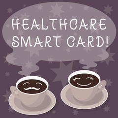 Text sign showing Healthcare Smart Card. Conceptual photo A card that has basics of a patient s is health records Sets of Cup Saucer for His and Hers Coffee Face icon with Blank Steam