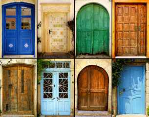 variety of close up retro style old colorful house doors of Mediterranean architectural culture in Alacati town of Izmir, Turkey