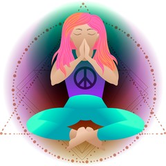 Yoga. Prayer. Pacific symbol of peace. Woman in Meditation lotus position, vector flat illustration. Relaxation cartoon girl sitting with legs crossed and arms folded, eyes closed. Namaste.
