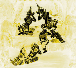 The Ramakien (Ramayana) mural paintings color black and gold on white wall illustration  along the galleries wallpaper and art background 