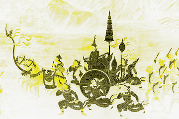 The Ramakien (Ramayana) mural paintings color black and gold on white wall illustration  along the galleries wallpaper and art background 