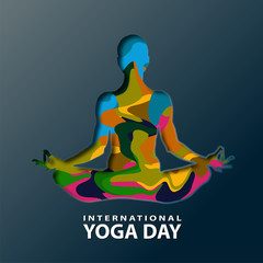 21 june-international yoga day,paper cut yoga body posture, human and sun rays, vector illustration - Vector