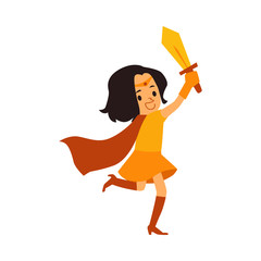Kid girl in superhero costume stands one leg holding sword cartoon style