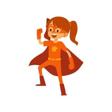 Kid girl in orange superhero costume standing raised one arm cartoon style