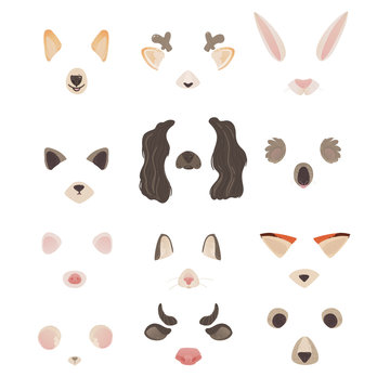 Set of animal ears and nose masks for photo and video effect cartoon style