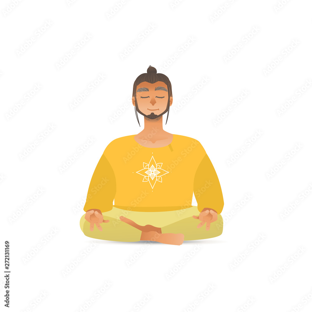 Canvas Prints Young man or guy in relaxation yoga pose flat cartoon vector illustration isolated.