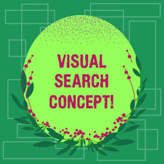 Writing note showing Visual Search Concept. Business photo showcasing perceptual task requiring attention for an object Blank Color Oval Shape with Leaves and Buds as Border for Invitation