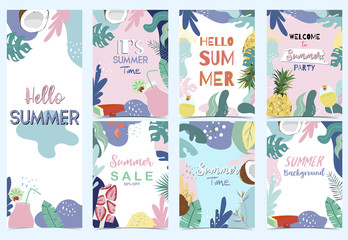 Green pink blue summer invitation with flower,juice,pineapple,watermelon