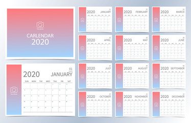 Pink blue white gradient monthly calendar 2020.Can be used for printable graphic and website