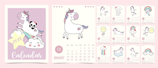Doodle pastel calendar set 2020 with unicorn,rainbow,cloud for children.Can be used for printable graphic