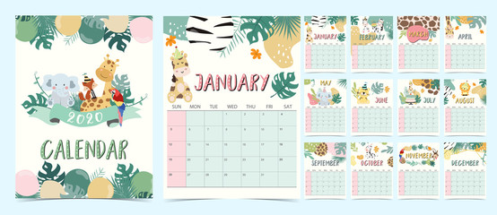 Doodle pastel calendar set 2020 with elephant,giraffe,tiger,fox,parrot for children.Can be used for printable graphic