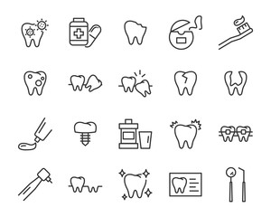 set of tooth line icons, such as dentist, toothbrush, dental, clean