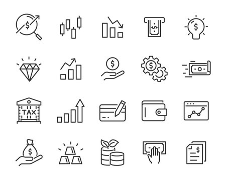 set of finance icons, such as currency, money, coin, statement, balance, safe, bank
