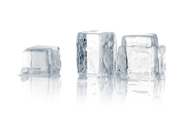 Ice cubes on reflective surface. Mirror reflection. Clipping path included.