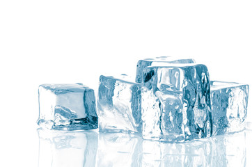 Ice cubes on reflective surface. Mirror reflection. Clipping path included.