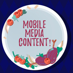 Handwriting text Mobile Media Content. Concept meaning electronic media which is viewed on mobile phones Hand Drawn Lamb Chops Herb Spice Cherry Tomatoes on Blank Color Plate