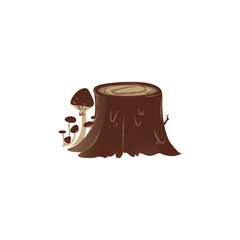 Brown wooden forest stump with a family of mushrooms in hand drawn cartoon style.