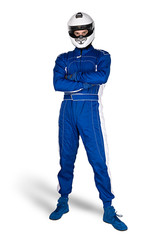 Determined race driver in blue white motorsport overall shoes gloves and integral safety crash helmet isolated white background. Car racing motorcycle sport concept. - obrazy, fototapety, plakaty