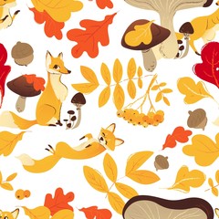 Seamless pattern with foxes and leaves and mushrooms cartoon style