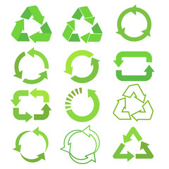 Recycled eco vector icon set, cycle and triangle arrows in a flat style. Recycled green arrows eco sign set. Vector illustration isolated on white background