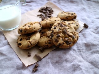 cookies, chocolate chips and grlass of milk