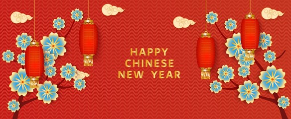 Bright red Chinese New Year greeting card banner - traditional Oriental decoration set with blue flowers and paper lanterns